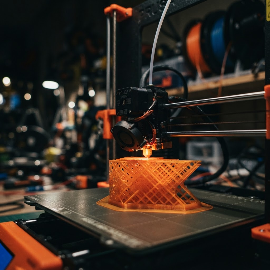 A 3D printer extruding orange filament while building a lattice structure