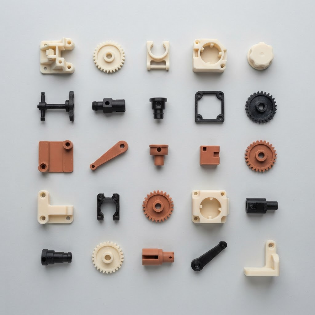 Several small 3D printed prototype parts in cream, black and terracotta